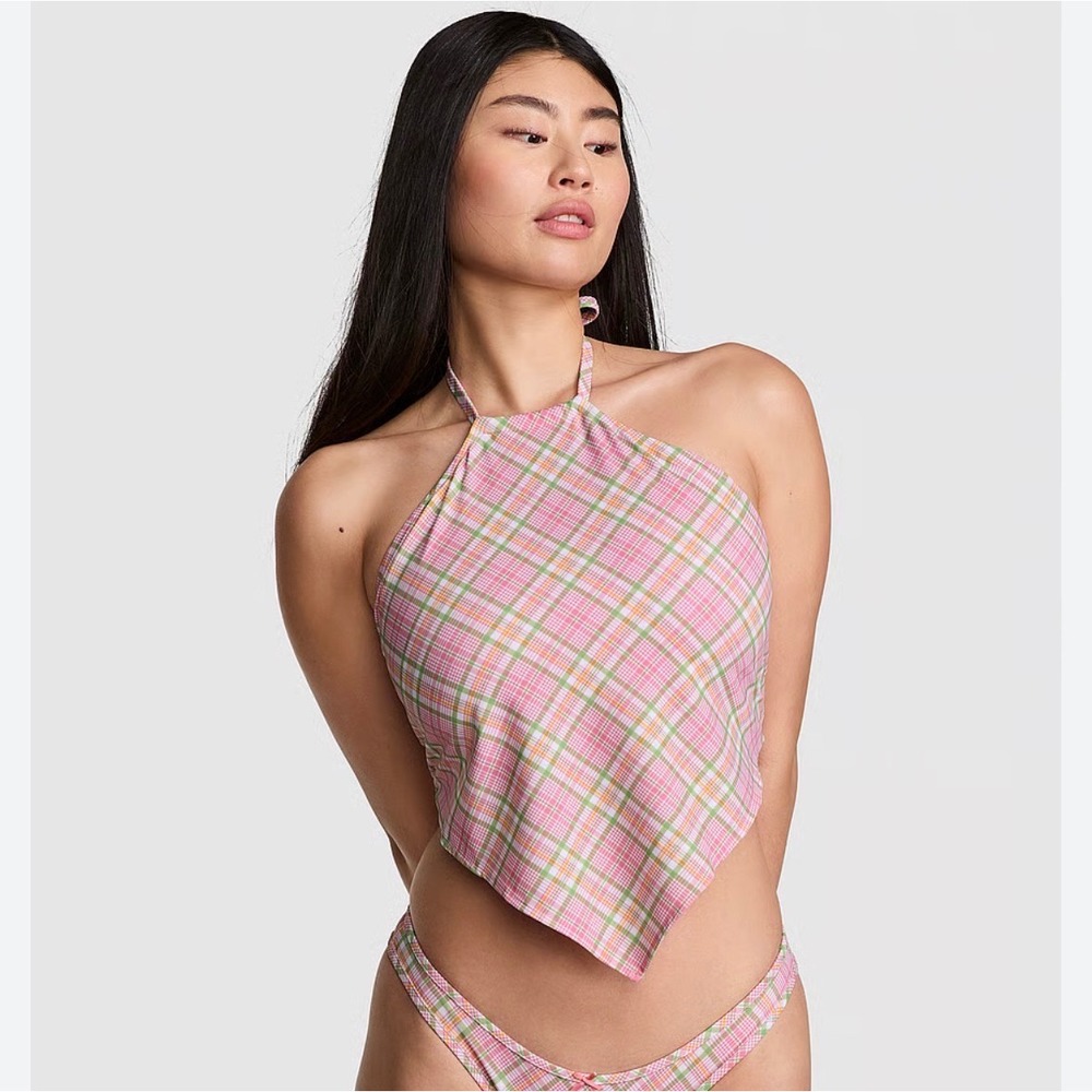 Frankies Bikinis x VS PINK‎ Plaid Handkerchief Halter Bikini Top Pink Green M